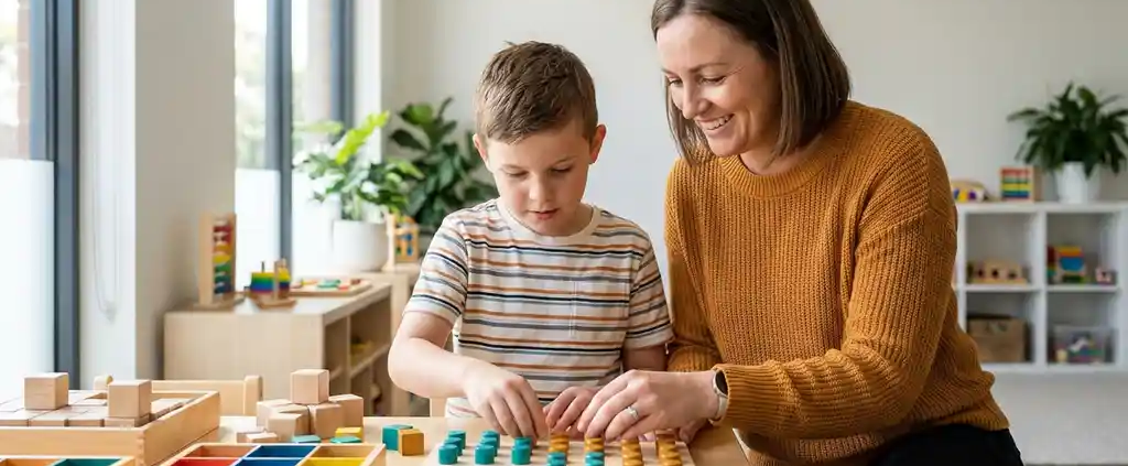 Ergotherapeutin kniet neben einem Kind beim praktischen Lernübung am Holztisch, bunte Lernmaterialien, helles Therapiezimmer.