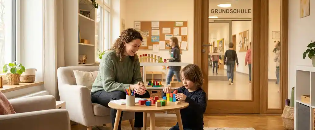 Lächelnde Therapeutin arbeitet mit einem Kind an bunten Materialien in einem hellen, salbeigrünen Therapieraum einer deutschen Grundschule.