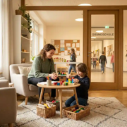 Lächelnde Therapeutin arbeitet mit einem Kind an bunten Materialien in einem hellen, salbeigrünen Therapieraum einer deutschen Grundschule.