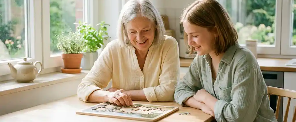 Großmutter und Teenager-Enkelin spielen gemeinsam ein Gedächtnisspiel am hellen Küchentisch, warme Generationenverbindung.