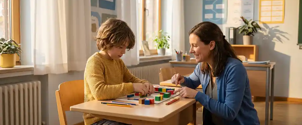 Kind arrangiert buntes Lernmaterial am Schulpult, daneben hockt eine Lehrerin und gibt ruhige Unterstützung, sonniges deutsches Klassenzimmer.
