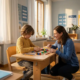 Kind arrangiert buntes Lernmaterial am Schulpult, daneben hockt eine Lehrerin und gibt ruhige Unterstützung, sonniges deutsches Klassenzimmer.