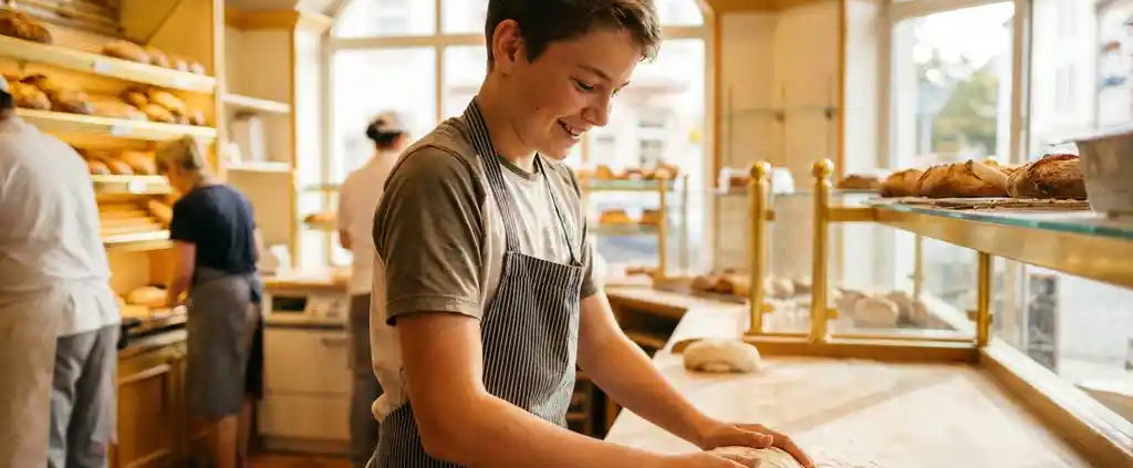 Teenager formt Brotteig an einem bemehlten Holztresen in einer hellen deutschen Bäckerei, warmes Sonnenlicht fällt durch große Fenster.