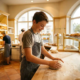 Teenager formt Brotteig an einem bemehlten Holztresen in einer hellen deutschen Bäckerei, warmes Sonnenlicht fällt durch große Fenster.