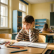 Kind hält sich die Hände über die Ohren an einem Holzschreibtisch in einem sonnigen deutschen Klassenzimmer mit bunten Stiften.