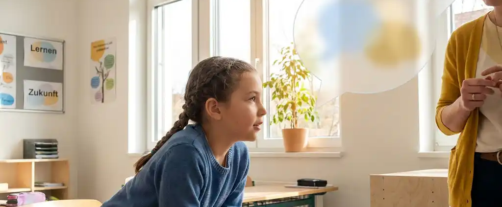 Kind sitzt aufmerksam an einem Schulpult und hört einer Lehrkraft zu, warmes Licht durchflutet den modernen Klassenraum.