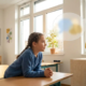 Kind sitzt aufmerksam an einem Schulpult und hört einer Lehrkraft zu, warmes Licht durchflutet den modernen Klassenraum.