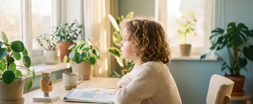 Kind sitzt nachdenklich am hellen Holzschreibtisch mit Schulbuch und Schilddrüsen-Anatomiemodell, Morgenlicht fällt durchs Fenster.