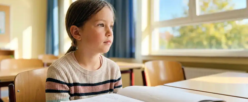 Mädchen sitzt nachdenklich am Holzschreibtisch in hellem Klassenzimmer, offenes Übungsheft vor ihr, Blick zum Sonnenlichtfenster.