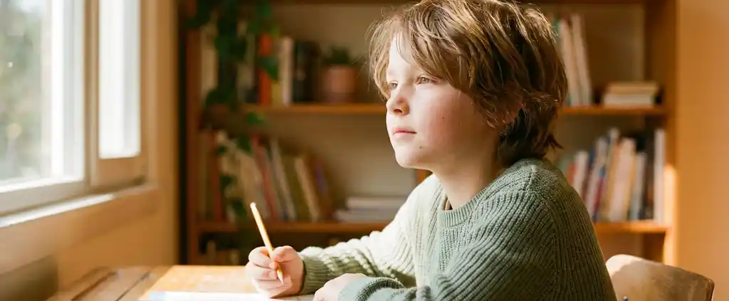 Kind sitzt nachdenklich am Holzschreibtisch mit offenem Schulbuch und Bleistift in der Hand, warmes Fensterlicht.