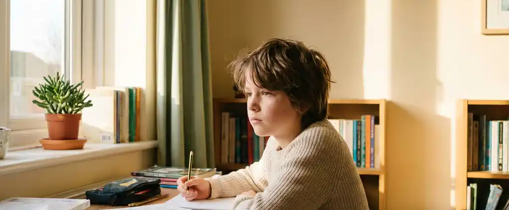 Kind sitzt nachdenklich am Holzschreibtisch am Fenster mit Schulbuch und Bleistift, warmes Morgenlicht, gemütliches deutsches Kinderzimmer.