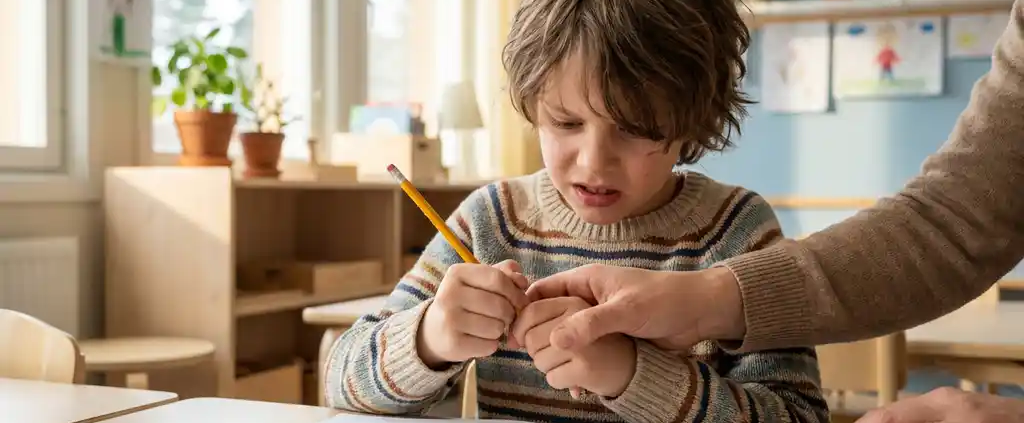 Kind mit Bleistift über liniertem Heft, von Erwachsener Hand behutsam geführt, in hellem skandinavischem Klassenzimmer.