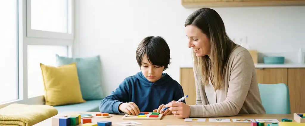 Kind arbeitet mit Therapeutin an bunten Lernmaterialien und Puzzle in hellem, modernem Therapieraum mit Eichenholztisch.