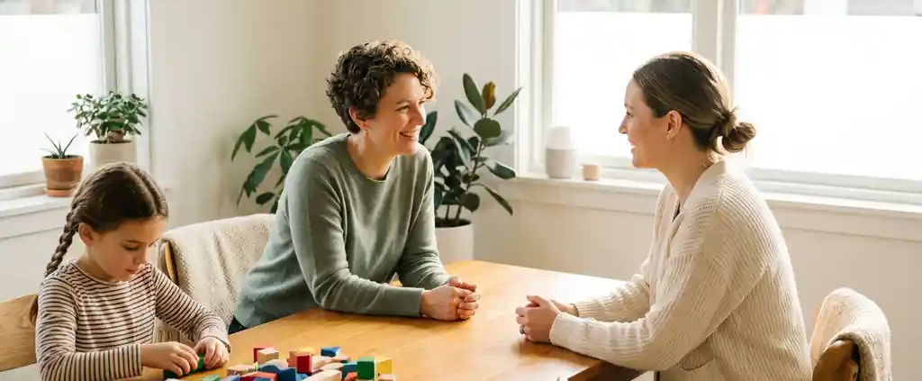 Therapeutin und Mutter im Gespräch an hellem Holztisch, Kind arbeitet mit bunten Materialien, skandinavisches Therapiezimmer mit Tageslicht.